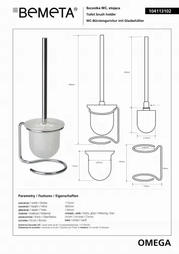 Szczotka WC stojąca biała OMEGA 104113102 Bemeta wymiary