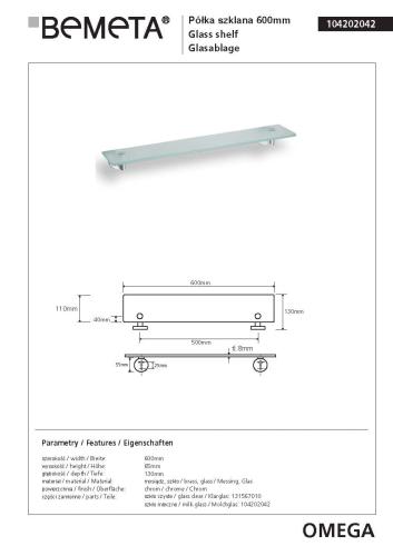 Półka szklana 60 cm OMEGA 104202042 Bemeta wymiary