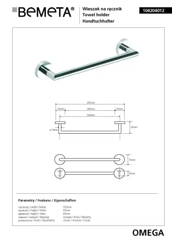 Wieszak na ręcznik 35,5 x 6,5 cm OMEGA 104204012 Bemeta wymiary