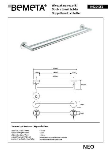 Wieszak na ręcznik podwójny 65,5 x 12,5 cm NEO 104204055 Bemeta wymiary