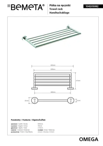 Półka na ręczniki 65,5 cm OMEGA 104205082 Bemeta wymiary