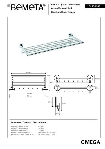 Półka na ręczniki składana z haczykami 65,5 cm OMEGA 104205162 Bemeta wymiary