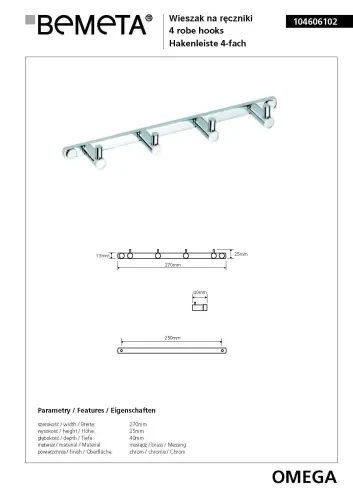 Wieszak na ręcznik z 4 haczykami OMEGA 104606102 Bemeta wymiary
