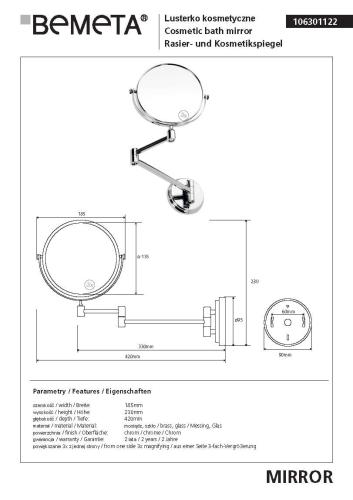 Lusterko kosmetyczne naścienne Ø 150 mm 106301122 Bemeta wymiary