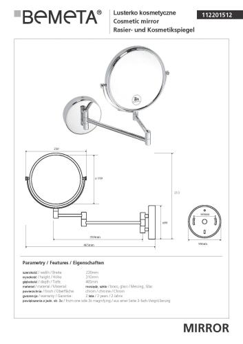 Lusterko kosmetyczne naścienne Ø 200 mm 112201512 Bemeta wymiary