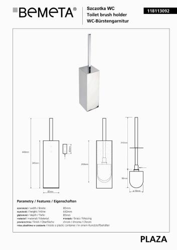 Szczotka WC stojąca PLAZA 118113092 Bemeta wymiary