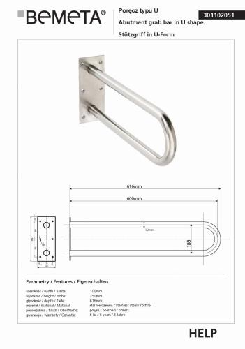 Poręcz typu U 61,6 cm stal nierdzewna HELP 301102051 Bemeta wymiary
