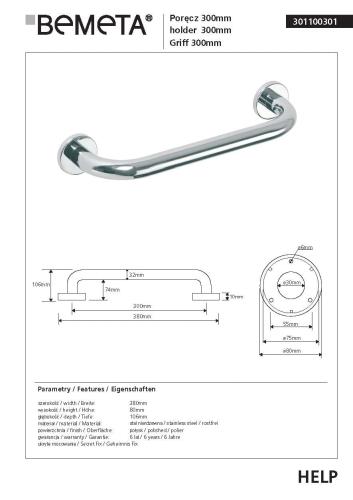 Poręcz prosta 30 cm stal nierdzewna HELP 301100301 Bemeta techniczny