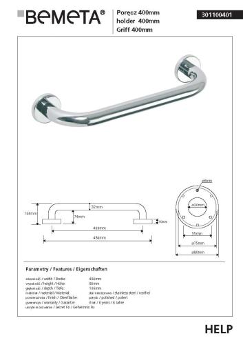 Poręcz prosta 40 cm stal nierdzewna HELP 301100401 Bemeta techniczny
