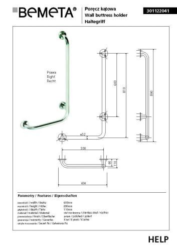 Poręcz kątowa ścienna prawa 89 x 63 cm stal nierdzewna HELP 301122041 Bemeta wymiary