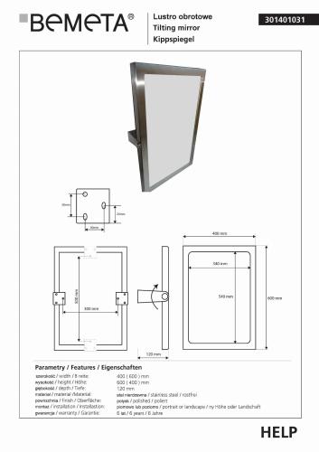 Lustro obrotowe 40 x 60 cm rama ze stali nierdzewnej HELP 301401031 Bemeta wymiary