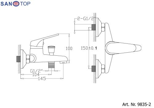 Bateria wannowa ścienna chrom połysk SANOTOP 9835-2 Sanotechnik rysunek