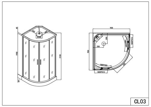 Rysunek techniczny i wymiary kabina prysznicowa z hydromasażem półokrągła 90 x 90 x 210 cm szkło czyste TANGO CL03 Sanotechnik