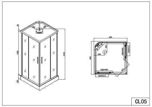 Rysunek techniczny i wymiary kabina prysznicowa z hydromasażem narożna 80 x 80 x 215 cm TWIST 1 CL05 Sanotechnik