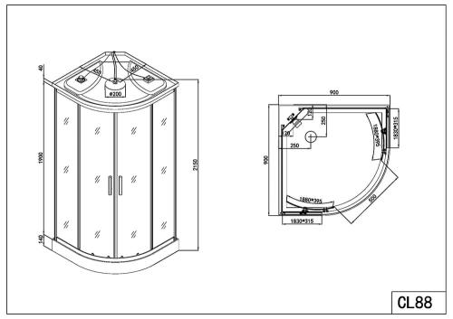 Rysunek techniczny i wymiary kabina prysznicowa z hydromasażem półokrągła 90 x 90 x 215 cm RUMBA CL88 Sanotechnik