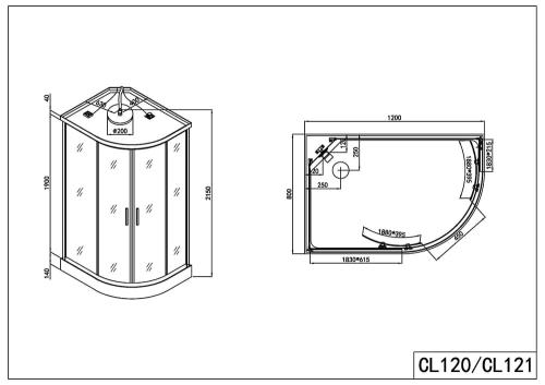 Rysunek techniczny i wymiary kabina prysznicowa z hydromasażem 80 x 120 x 215 cm (lewa) VARIO CL120 Sanotechnik