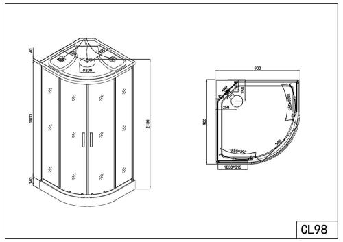 Rysunek techniczny i wymiary kabina prysznicowa z hydromasażem półokrągła 90 x 90 x 215 cm DREAM CL98 Sanotechnik