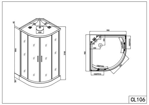 Rysunek techniczny i wymiary kabina prysznicowa z hydromasażem półokrągła 90x90x215 cm SCALA CL106 Sanotechnik