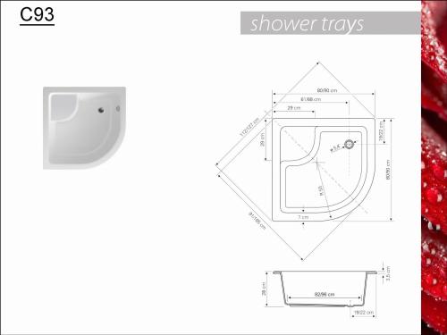 Brodzik prysznicowy półokrągły akrylowy 90 x 90 cm wysoki kompletny C93 Aqualine Rysunek techniczny