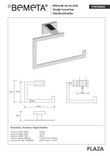Wieszak na ręcznik PLAZA 118104062 Bemeta wymiary
