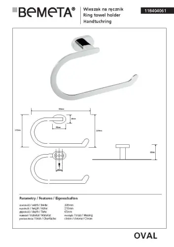 Wieszak na ręcznik OVAL 118404061 Bemeta wymiary