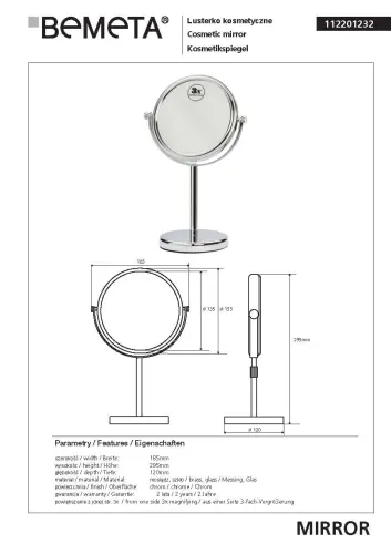 Lusterko kosmetyczne stojące Ø 155 mm 112201232 Bemeta wymiary