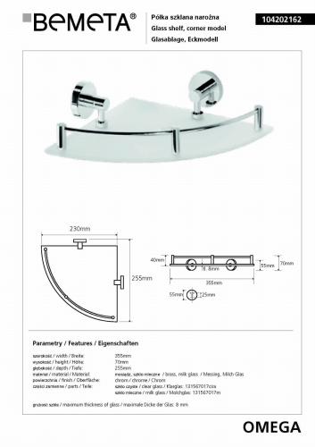 Półka szklana narożna z relingiem 25 x 25 cm OMEGA 104202162 Bemeta wymiary