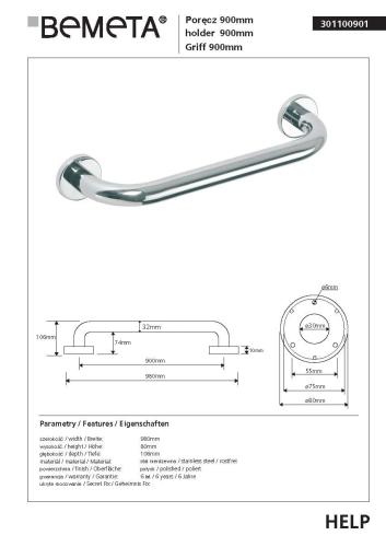 Poręcz prosta 90 cm stal nierdzewna HELP 301100901 Bemeta karta produktu