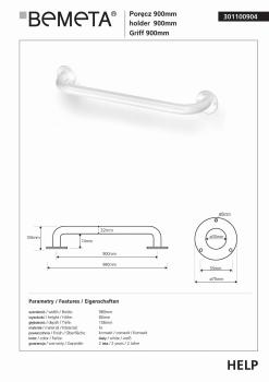 Poręcz prosta 90 cm biała HELP 301100904 Bemeta wymiary