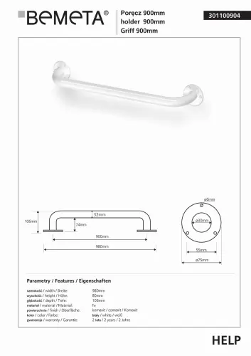 Poręcz prosta 90 cm biała HELP 301100904 Bemeta wymiary