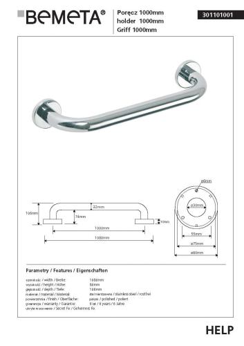Poręcz prosta 100 cm stal nierdzewna HELP 301101001 Bemeta techniczny