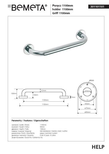 Poręcz prosta 110 cm stal nierdzewna HELP 301101101 Bemeta techniczny