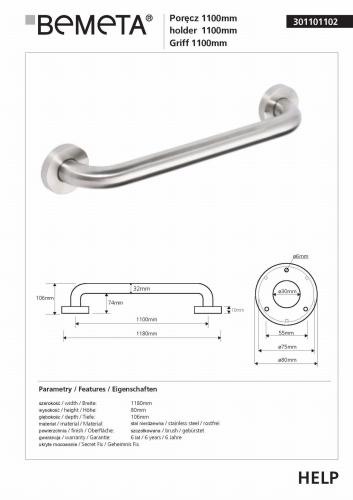 Poręcz prosta 110 cm stal nierdzewna szczotkowana HELP 301101102 Bemeta techniczny