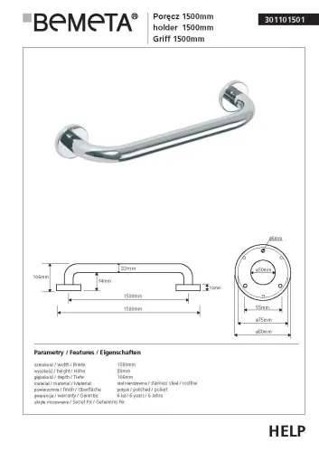 Poręcz prosta 150 cm stal nierdzewna HELP 301101501 Bemeta karta produktu