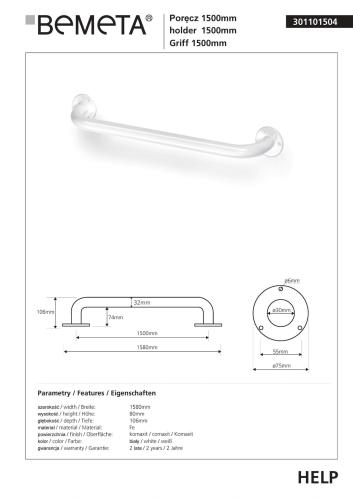 Poręcz prosta 150 cm biała HELP 301101504 Bemeta karta produktu