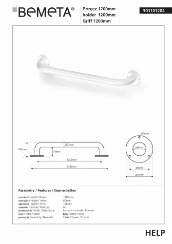 Poręcz prosta 120 cm biała HELP 301101204 Bemeta karta produktu