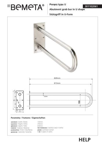 Poręcz typu U 82,9 cm stal nierdzewna HELP 301102061 Bemeta wymiary