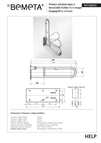 HELP Poręcz uchylna typu U 60 cm stal nierdzewna szczotkowana 301102072 Bemeta karta produktu