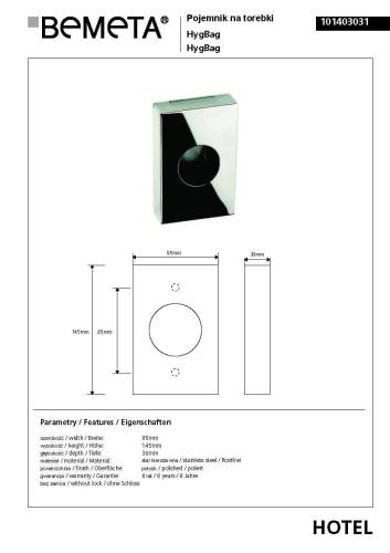Pojemnik na torebki higieniczne HygBag, połysk 101403031 Bemeta wymiary