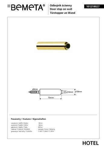 Odbojnik drzwiowy ścienny, mosiężny 101218027 Bemeta wymiary