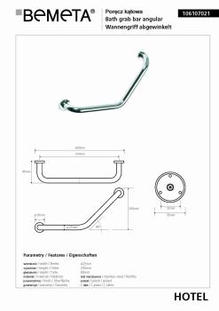 Poręcz kątowa ścienna 42,5x25 cm chromowana 106107021 Bemeta wymiary