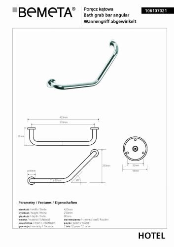Poręcz kątowa ścienna 42,5x25 cm chromowana 106107021 Bemeta wymiary