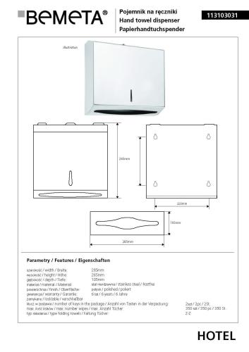 Zasobnik na papierowe ręczniki ze stali nierdzewnej, połysk 28,5x26,5 cm 113103031 Bemeta wymiary