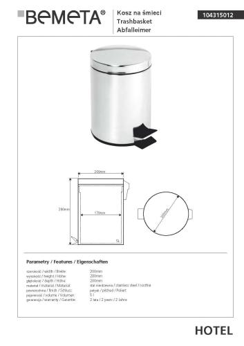 Kosz na śmieci 5l, stojący, połysk 104315012 Bemeta wymiary