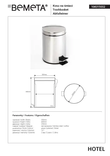 Kosz na śmieci 12l, stojący, połysk 104315032 Bemeta wymiary