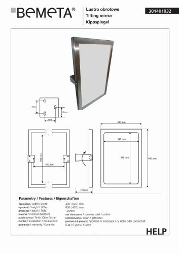 Lustro obrotowe 40 x 60 cm rama ze stali nierdzewnej szczotkowanej HELP 301401032 Bemeta wymiary