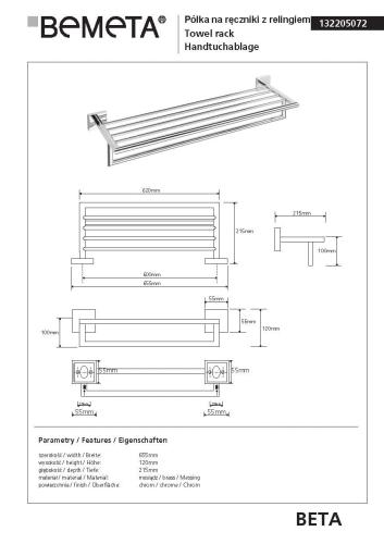 Półka na ręczniki z relingiem 65,5 cm BETA 132205072 Bemeta wymiary