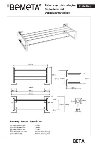 Półka na ręczniki z relingiem 65,5 cm BETA 132205102 Bemeta wymiary