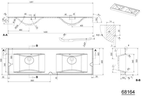 Umywalka kompozytowa podwójna 160 x 50 cm biały FLAVIA 68164 Sapho