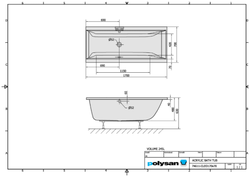 Wanna akrylowa prostokątna 170x70 cm CLEO 74611 Polysan rysunek